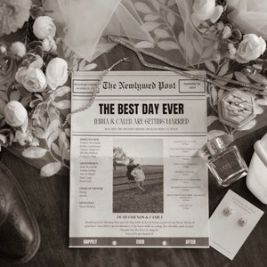 May include: Black and white photo of a wedding announcement with the headline "The Best Day Ever" and the text "Jenna & Caleb are getting married". The announcement is surrounded by flowers, shoes, jewelry, and perfume.