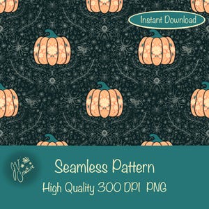 Halloween Pumpkin, Spider & Botanical Surface Design – Spooky Autumn Digital Pattern | 300 DPI PNG