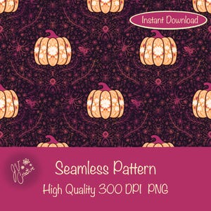 Halloween Pumpkin, Spider & Botanical Surface Design – Spooky Autumn Digital Pattern | 300 DPI PNG