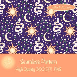 Celestial Snake Pattern: Sun, Moon, Stars - Mystical Digital Design (300 DPI PNG)