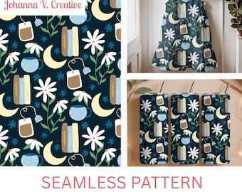 Book Lover Seamless Pattern, Cozy Reading Digital Paper, Cottagecore Tea Pattern, Reading Aesthetic PNG, Commercial Use