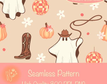 Cowboy Ghost Seamless Pattern: Western Halloween Digital Paper (300 DPI PNG)