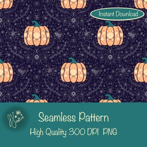 Halloween Pumpkin, Spider & Botanical Surface Design – Spooky Autumn Digital Pattern | 300 DPI PNG
