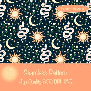 Celestial Snake Pattern: Sun, Moon, Stars - Mystical Digital Design (300 DPI PNG)