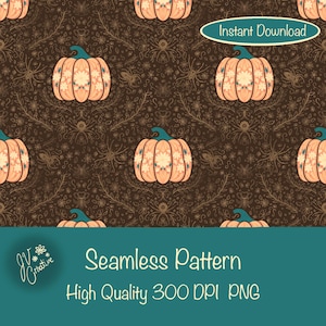 Halloween Pumpkin, Spider & Botanical Surface Design – Spooky Autumn Digital Pattern | 300 DPI PNG
