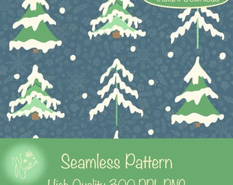 Winter Seamless Pattern – Snowflakes & Evergreen Trees Digital Design, 12x12 PNG 300 DPI