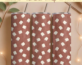 Könnte beinhalten: Drei Edelstahlbecher mit Strohhalmen. Jeder Becher hat einen braunen Hintergrund mit einem Muster aus weißen Marshmallow-Formen. Der Text "Tumbler Wrap" und weitere Details sind oben sichtbar.