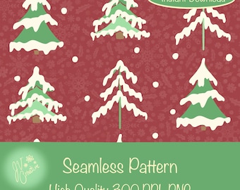 Winter Seamless Pattern – Snowflakes & Evergreen Trees Digital Design, 12x12 PNG 300 DPI