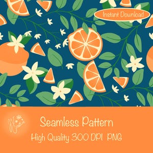 Seamless Oranges & Floral Pattern | Bright Citrus Botanical Digital Paper for Fabric, Crafts | 300 DPI PNG | Botanical, Citrus, Fruit