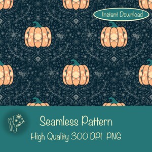 Halloween Pumpkin, Spider & Botanical Surface Design – Spooky Autumn Digital Pattern | 300 DPI PNG