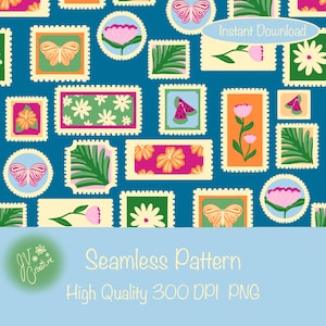 May include: Seamless pattern design featuring various postage stamp illustrations with floral, butterfly, and leaf motifs. The stamps are in rectangular and circular shapes, with a teal background. The text "Instant Download" is visible.