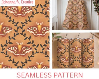 Moth Seamless Pattern, Botanical Digital Paper, Cottagecore Moth Pattern, Vintage Nature Background, Commercial Use PNG | Woodland Moth Gold