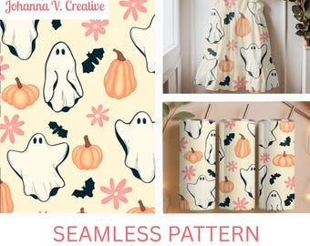Cute Ghost Pumpkin Seamless Pattern, Whimsical Halloween Digital Paper, Spooky Cute Fall Pattern, Commercial Use PNG | Boo Pumpkin Patch