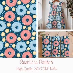 Op de afbeelding: Een naadloos patroon van roze en blauwe donuts met hagelslag en gele gebakstukjes op een donkerblauwe achtergrond. Het patroon is te zien op een jurk en bekers. De tekst luidt "Seamless Pattern" en "High Quality 300 DPI PNG".