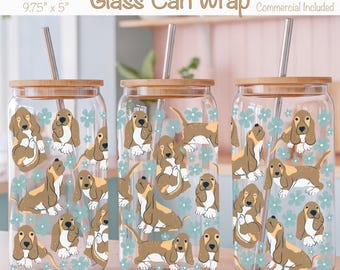 Basset Hound Floral Glass Can Wrap | Sublimation Design (Digital Download)