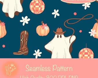 Cowboy Ghost Seamless Pattern: Western Halloween Digital Paper (300 DPI PNG)