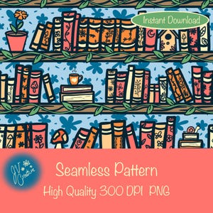 Cottagecore Bookshelf Seamless Pattern: Spring Floral PNG (Digital Download)