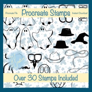 May include: Digital Procreate stamp set featuring over 30 whimsical illustrations. Includes ghosts, hats, glasses, mustaches, and other fun designs. The background is a light blue floral pattern. Text reads "Procreate Stamps" and "Over 30 Stamps Included".