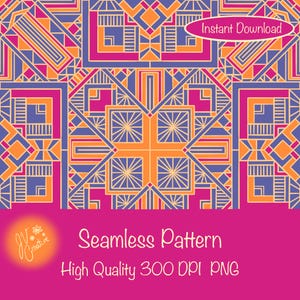 May include: A seamless pattern with geometric shapes in shades of orange, pink, purple, and blue. The pattern is made up of squares, triangles, and lines. The text "Instant Download" and "Seamless Pattern High Quality 300 DPI PNG" is visible at the top and bottom of the image.