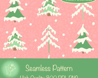 Winter Seamless Pattern – Snowflakes & Evergreen Trees Digital Design, 12x12 PNG 300 DPI