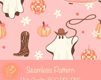 Cowboy Ghost Seamless Pattern: Western Halloween Digital Paper (300 DPI PNG)