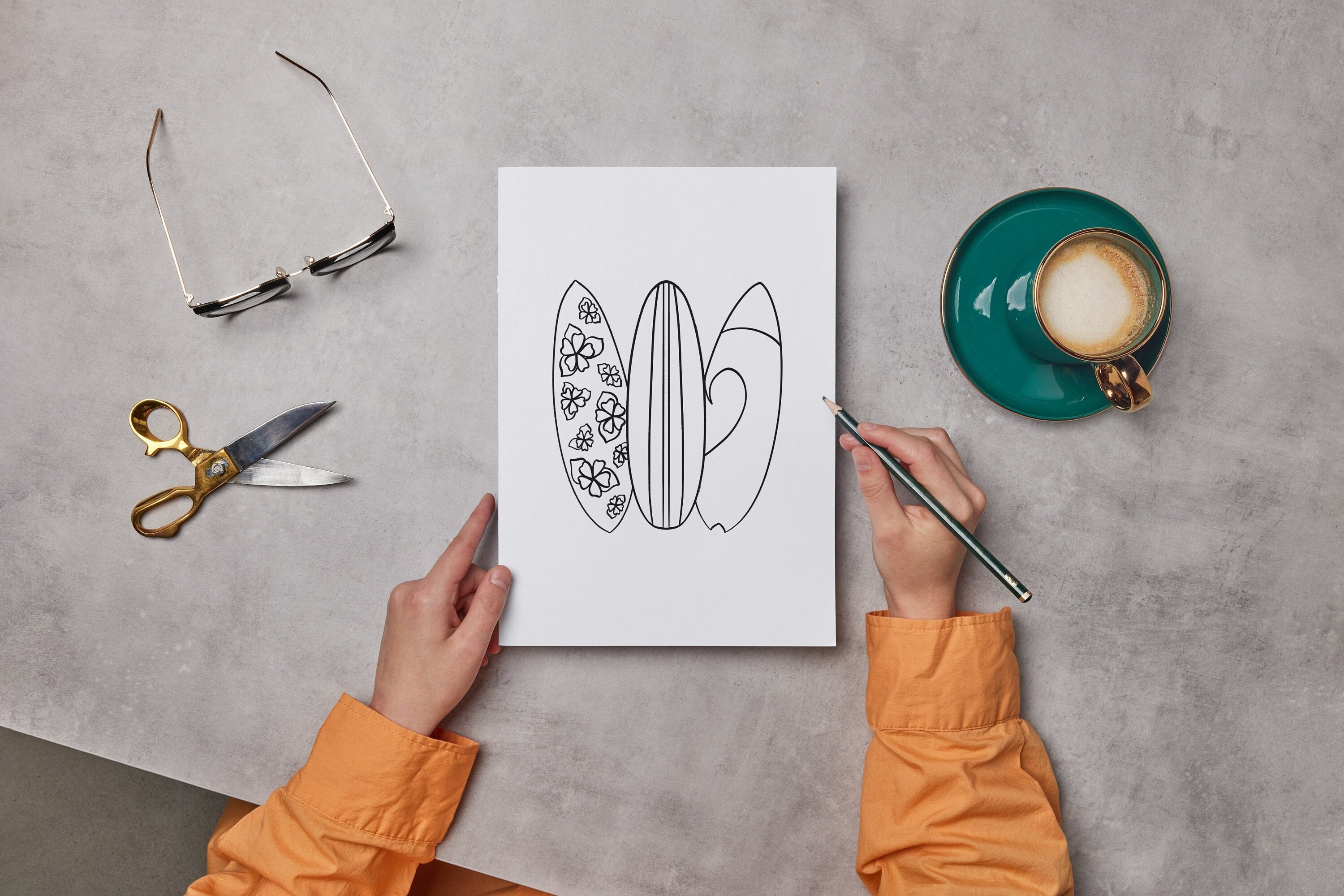 Kleurplaat surfplank: zomerplezier (pdf en jpeg), image size:3000x2000