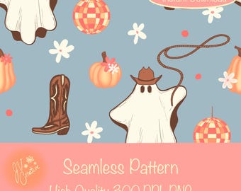 Cowboy Ghost Seamless Pattern: Western Halloween Digital Paper (300 DPI PNG)