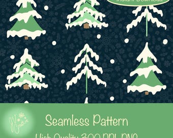 Winter Seamless Pattern – Snowflakes & Evergreen Trees Digital Design, 12x12 PNG 300 DPI