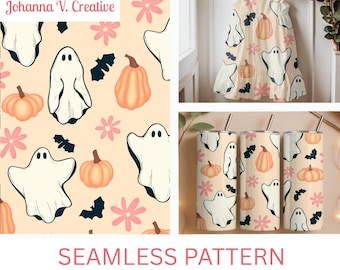 Cute Ghost Pumpkin Seamless Pattern, Fall Halloween Digital Paper, Whimsical Ghost Pattern, Commercial Use PNG | Boo-tanical Pumpkin Patch