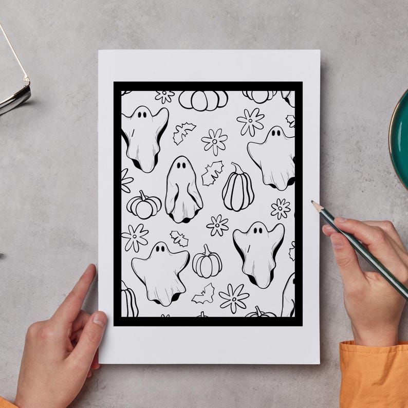 Ghosts, Pumpkins & Bats Coloring Page | Cute Halloween Printable ...