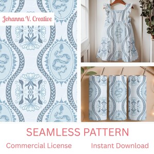 May include: A seamless pattern featuring a light blue and white damask-style design with repeating oval frames containing snake illustrations. The pattern is displayed on a digital swatch, a sleeveless dress with ruffled shoulders, and three cylindrical tumblers.