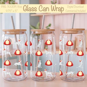 May include: Three clear glass can wraps with bamboo lids and stainless steel straws. Each wrap features a repeating pattern of a red firefighter helmet and a Dalmatian dog wearing a Santa hat. The text "Glass Can Wrap" is visible.