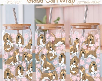 Basset Hound Floral Glass Can Wrap | Sublimation Design (Digital Download)