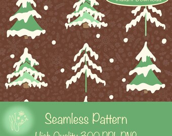 Winter Seamless Pattern – Snowflakes & Evergreen Trees Digital Design, 12x12 PNG 300 DPI