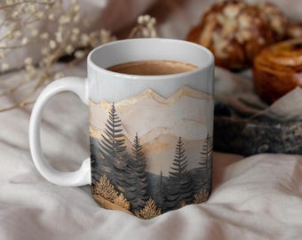 Mountain Landscape, Mountain And Trees Mug, Coffee Mug, Wood Panel Effect, Tea Mug, Carved Wood Trees, Wooden Mountain Tea Cup, Pine Tree