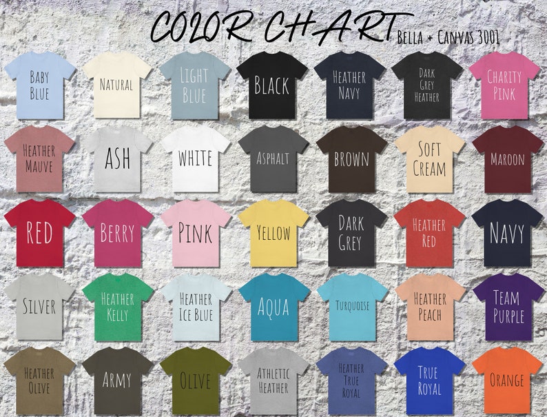 Puede incluir: Carta de colores que muestra 45 colores de camisetas diferentes de Bella + Canvas 3001. Los colores est&aacute;n dispuestos en filas y columnas, con cada color representado por una camiseta peque&ntilde;a.