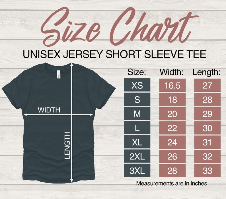 Puede incluir: Tabla de tallas para una camiseta de manga corta de jersey unisex. La tabla muestra el ancho y la longitud en pulgadas para las tallas XS a 3XL.