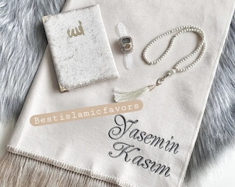 Personalisierter Samt Gebetsteppich Set: Islamisches Geschenk mit Yaseen Dua Buch