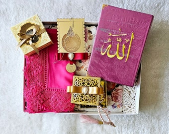 Customized Islamic Gift Set: Quran, Prayer Mat, Tasbeh, Hijab