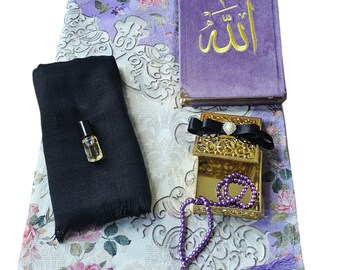 Personalized Islamic Gift Set: Prayer Mat, Quran, Tasbih, Hijab