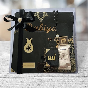 Juego de regalo de alfombra de oración Yaseen personalizada, regalo musulmán para cumpleaños, Ramadán, Umrah, Eid, Día de la Madre y el Padre.