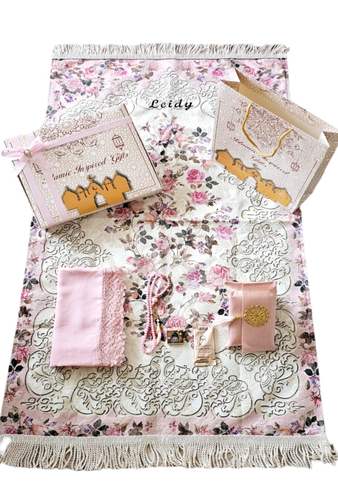 Customized Floral Prayer Rug Gift Set: Quran, Hijab & Tasbeh - Etsy