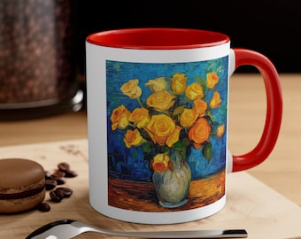 Van Gogh Style Roses Coffee Mug, Floral Art Ceramic Tea Cup