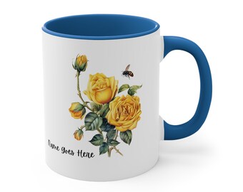 Personalized Roses and Bee Ceramic Mug, Floral Coffee Cup