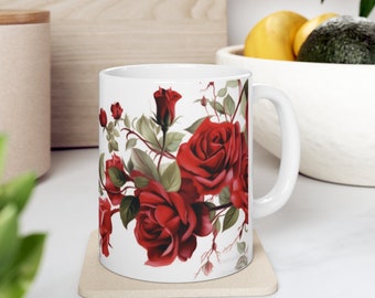Red Roses Coffee Mug, Vintage Floral Design, 11oz or 15oz