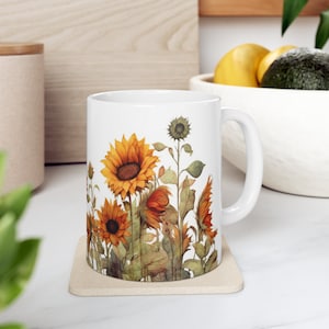 Sunflowers Mug, Boho flowers Coffee Mug, Vintage Floral Tea Cup, Pastel Nature Mug, Watercolor Flowers, Gift for plant Lover