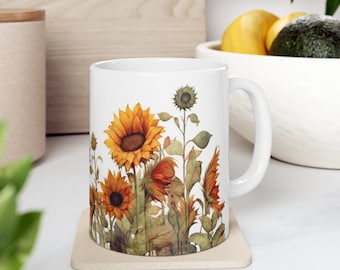 Sunflower Mug, Floral Tea Cup, Vintage Style, Plant Lover Gift