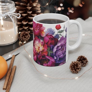 Peonies Mug, Boho flowers Coffee Mug, Vintage Floral Tea Cup, Pastel Nature Mug, Watercolor Flowers, Gift for plant lover