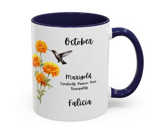 Personalized October Birth Mug, Marigolds Mug, Tea Cup, Gift for Woman
