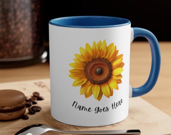 Personalized Sunflower Mug, Custom Name, Two-Tone Ceramic